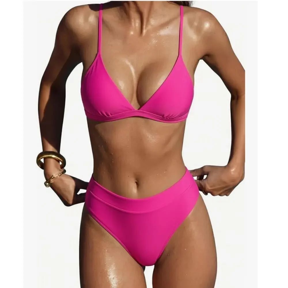 SUUKSESS High Waisted Triangle Bikini Hot Pink Medium